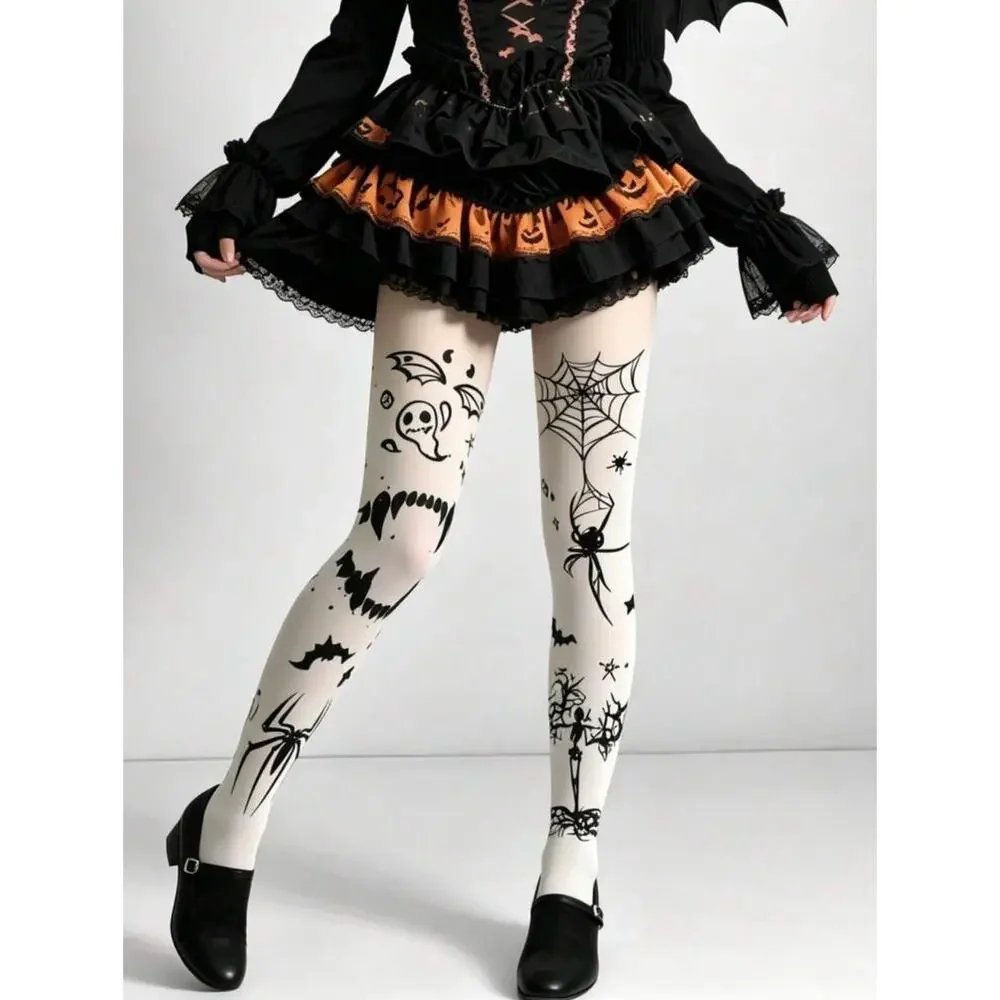 NWT Black & White Halloween Gothic Bat Ghost Spiderweb Spider Skeleton Tights